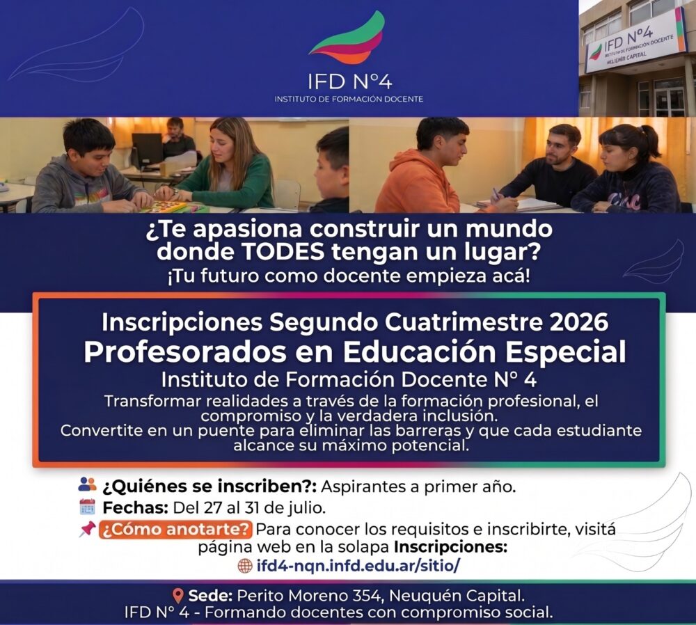 Flyer informativo del Instituto de Formación Docente N° 4 (IFD N° 4). En la parte superior se observa el logo de la institución y una foto de la fachada del edificio, que muestra el cartel con el nombre 